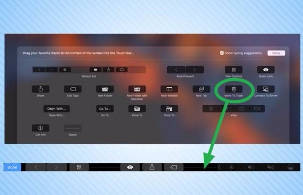  Kéo thả các phím tắt từ trên màn hình xuống vị trí thanh Touch Bar mô phỏng ngay bên dưới để thêm vào Touch Bar