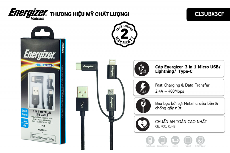 Energizer cable 3in1 Metallic Lightning-Micro-TypeC C13UBX3CF (1m2)