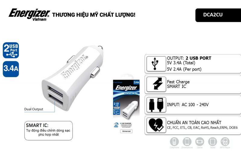 sạc xe hơi Energizer 3.4A 2 cổng USB (kèm cáp lightning)