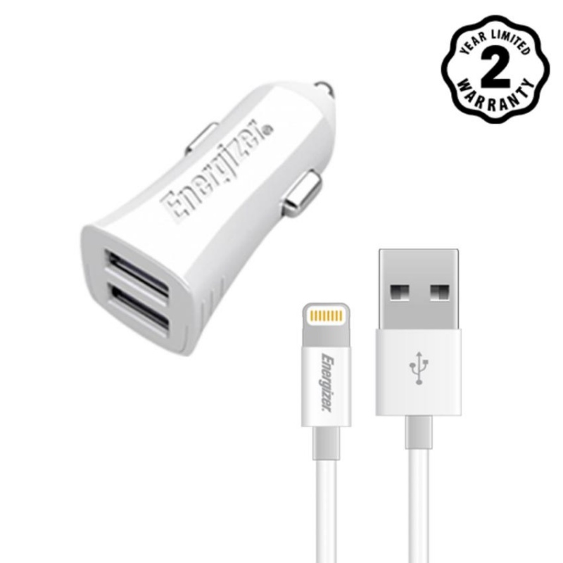 sạc xe hơi Energizer 3.4A 2 cổng USB (kèm cáp lightning)