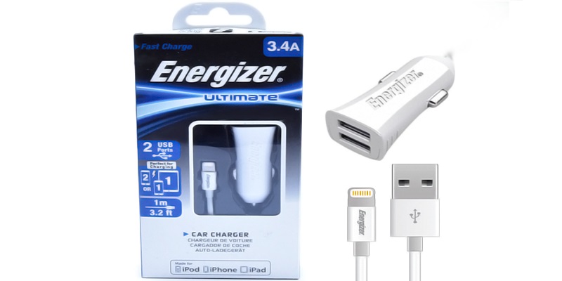sạc xe hơi Energizer 3.4A 2 cổng USB (kèm cáp lightning)