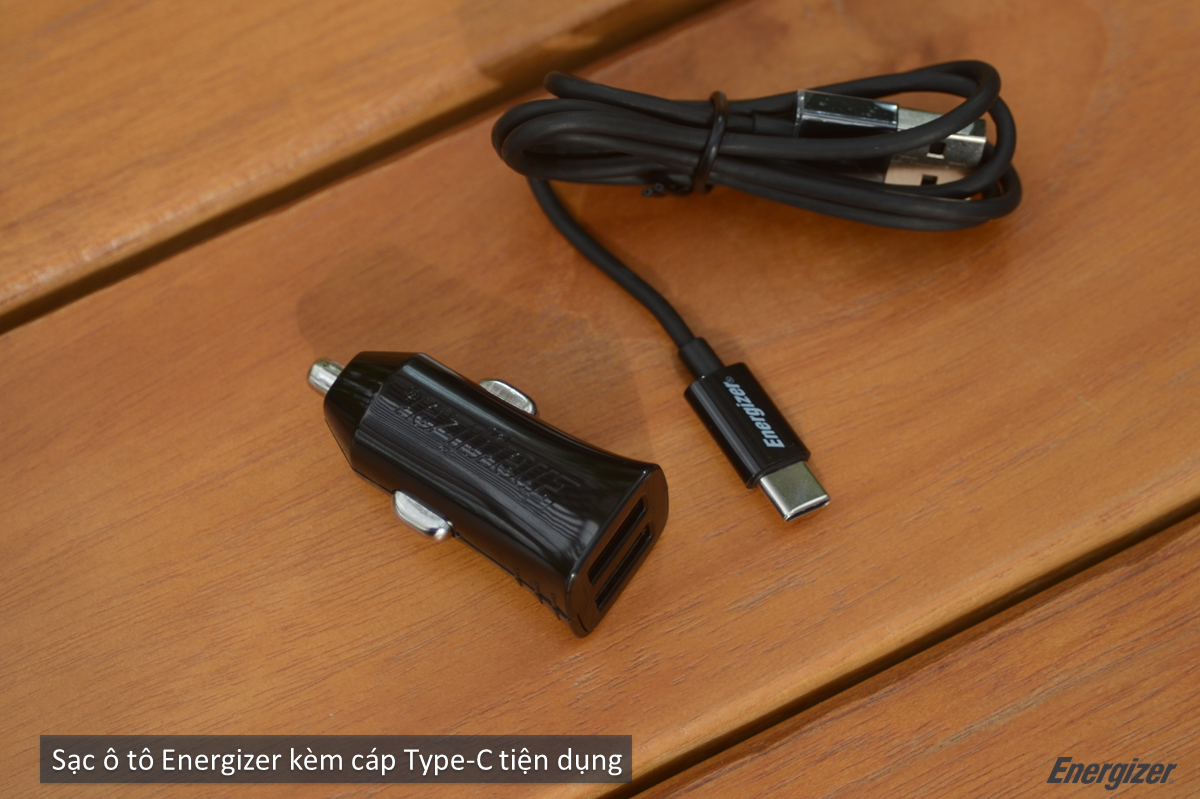 Sạc xe hơi Energizer 2.4A 2 cổng USB (kèm cáp Type C) DCA2BHC23