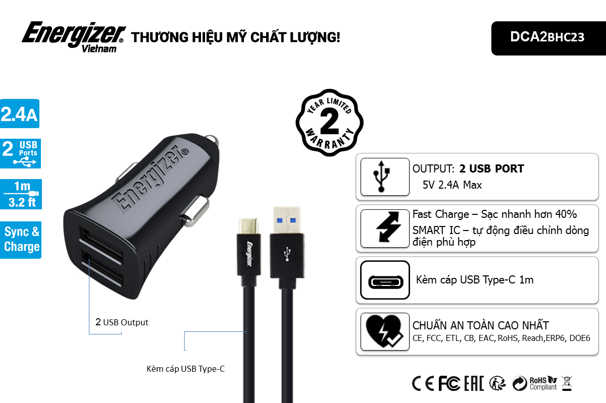 Sạc xe hơi Energizer 2.4A 2 cổng USB (kèm cáp Type C) DCA2BHC23