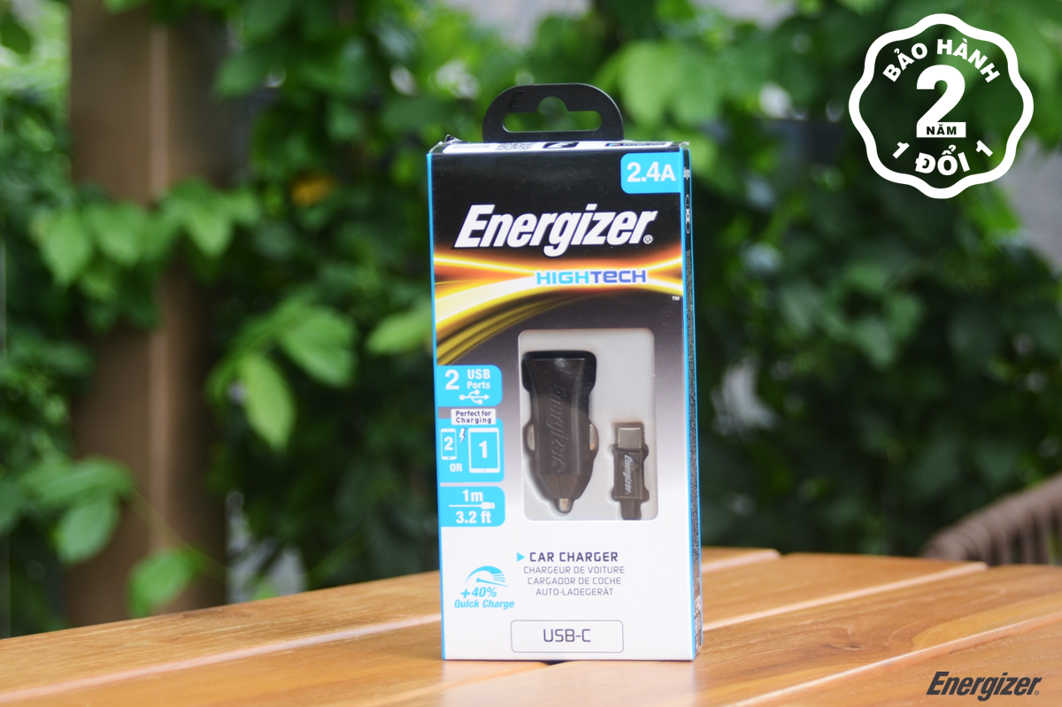 Sạc xe hơi Energizer 2.4A 2 cổng USB (kèm cáp Type C) DCA2BHC23