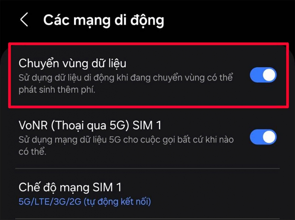 Chuyển vùng dữ liệu lên để SIM có thể hoạt động