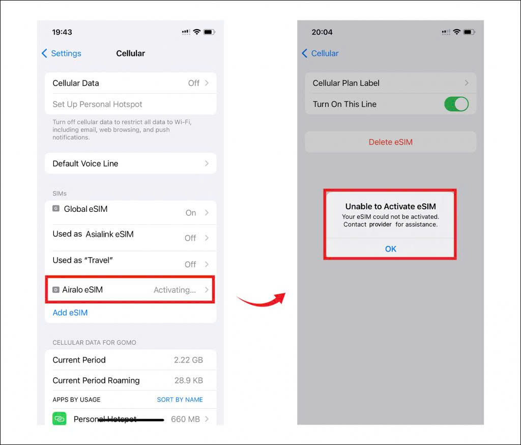 eSIM bị kẹt khi kích hoạt