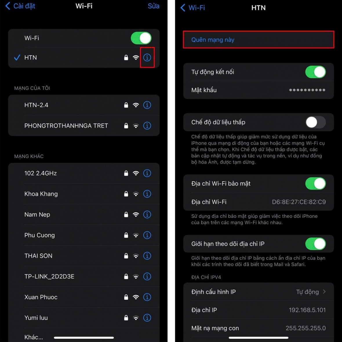 Quên và kết nối lại WiFi