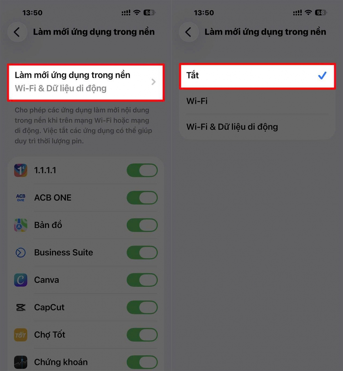 Chọn Tắt hoàn toàn hoặc Chỉ bật khi có WiFi