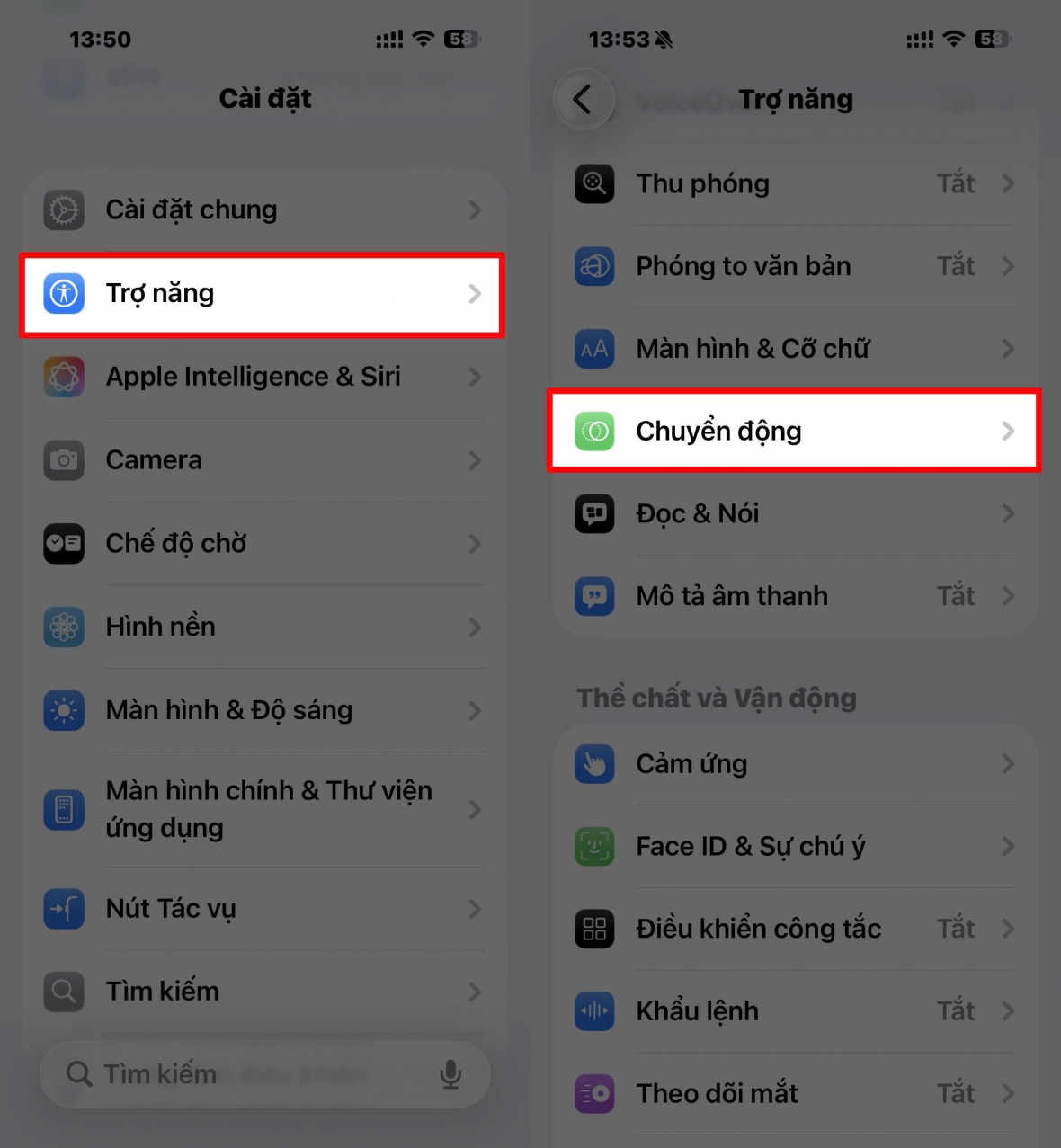 Tắt Hiệu Ứng Chuyển Động