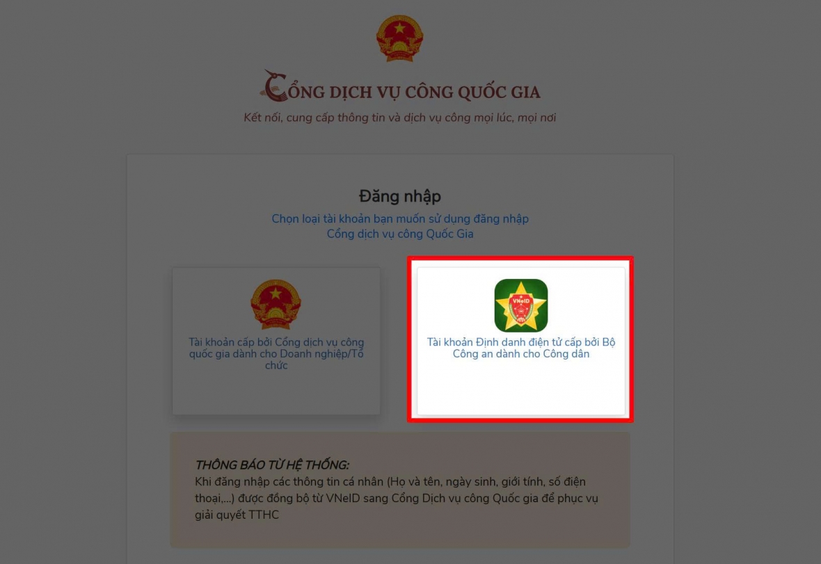 Chọn Tài khoản định danh điện tử
