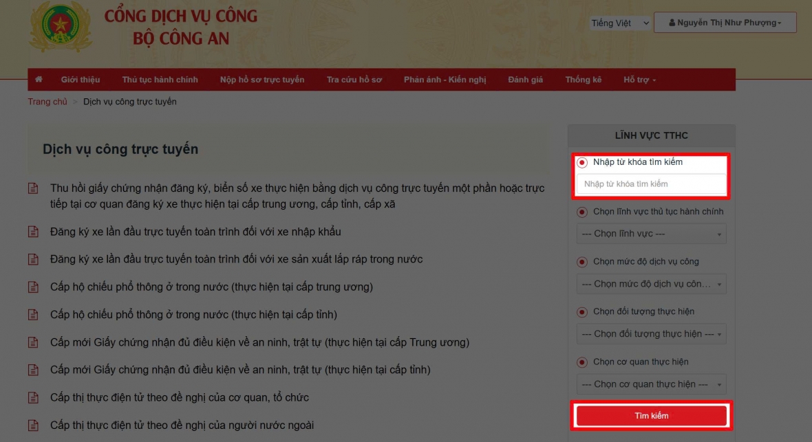 Tại ô tìm kiếm thủ tục