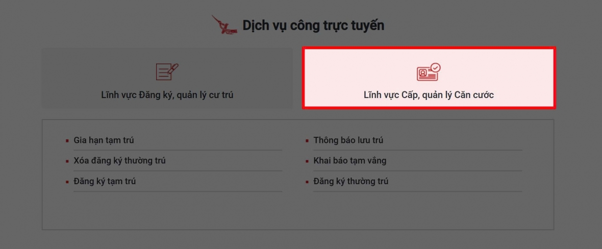 Chọn vào mục Lĩnh vực cấp quản lý căn cước