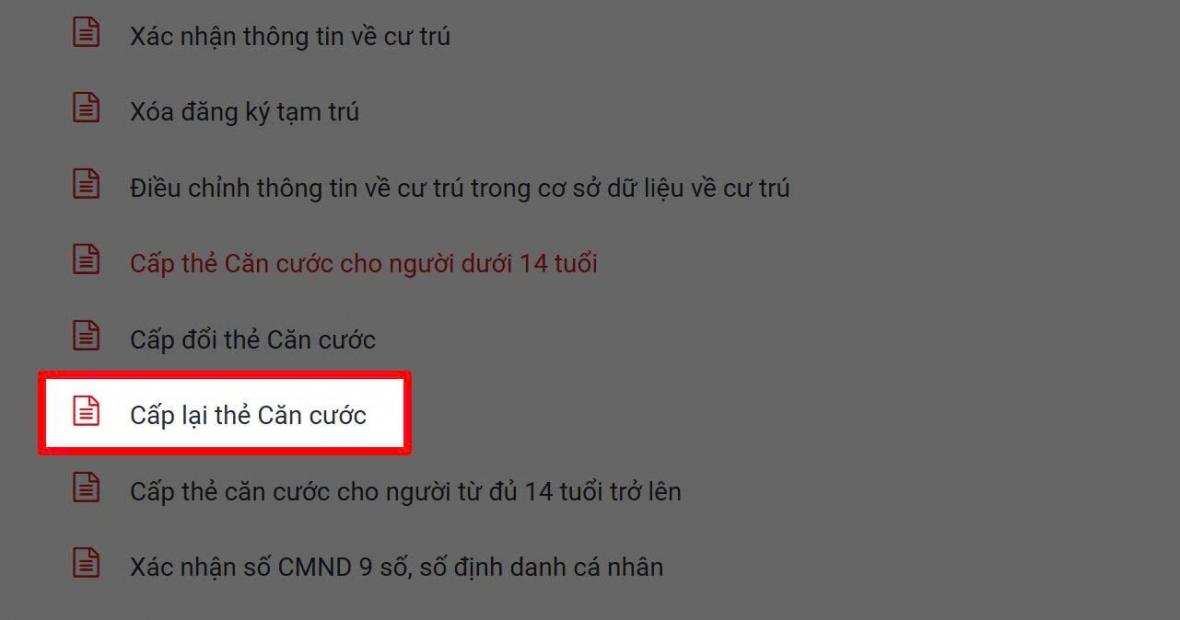 Chọn thủ tục “Cấp lại thẻ căn cước”