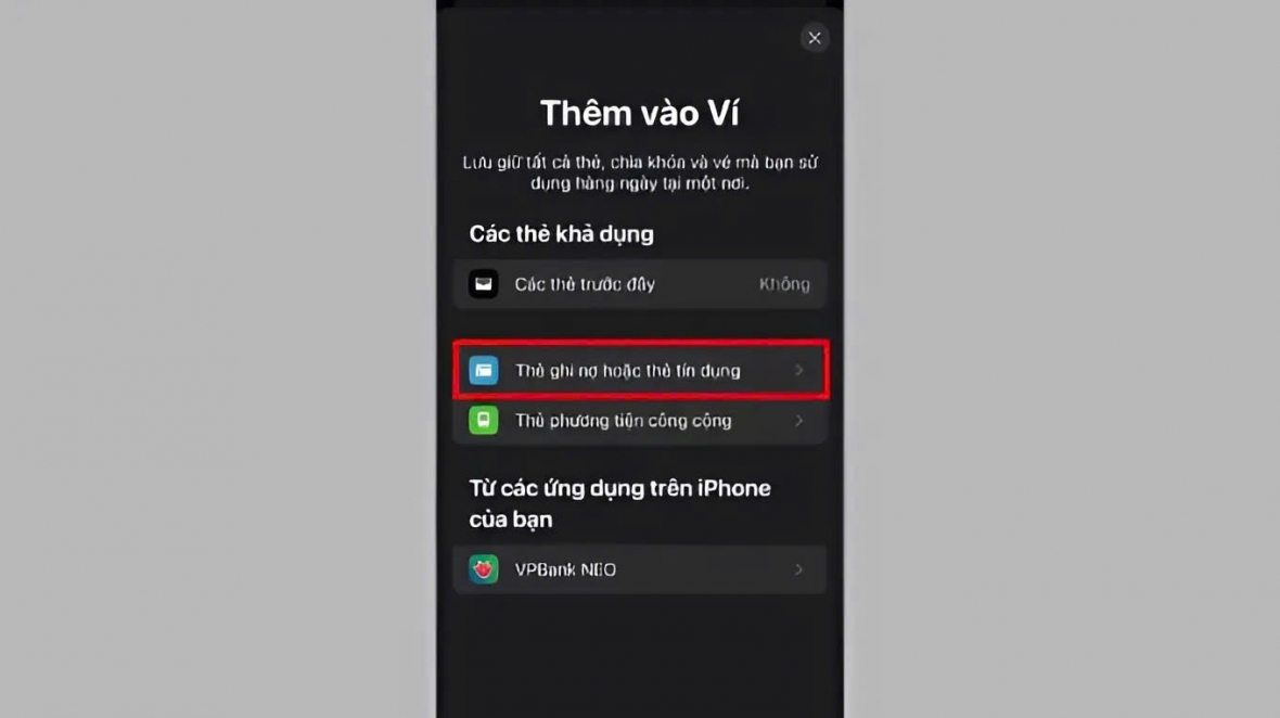 Chọn “Thẻ tín dụng hoặc thẻ ghi nợ”