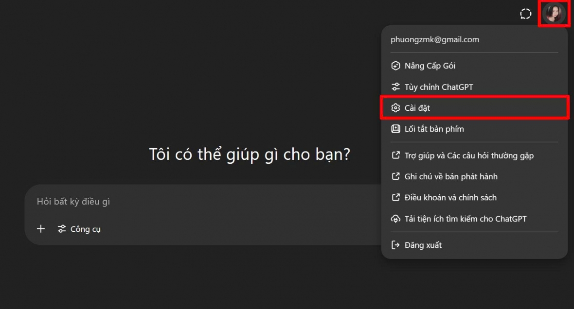 Cài đặt để truy cập vào khu vực thiết lập tài khoản