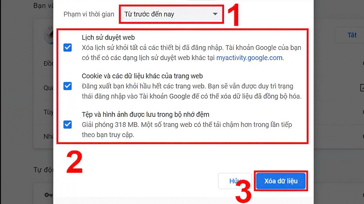 Chọn khoảng thời gian tích tất cả các mục nhấn Xóa dữ liệu.
