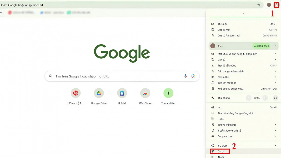 Vào Google Chrome, chọn biểu tượng ba chấm dọc và mở phần Cài đặt