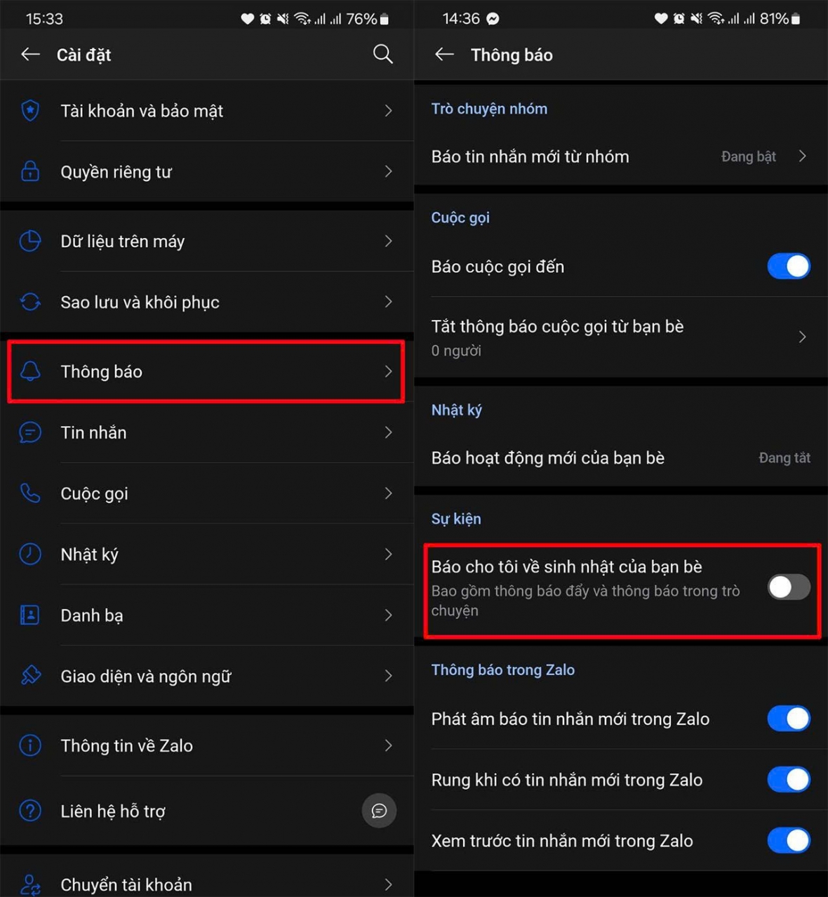 Thông báo sinh nhật bạn bè