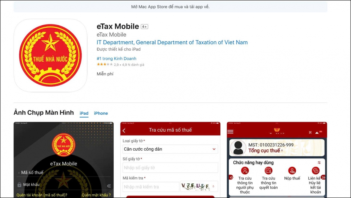 Tải ứng dụng eTax Mobile
