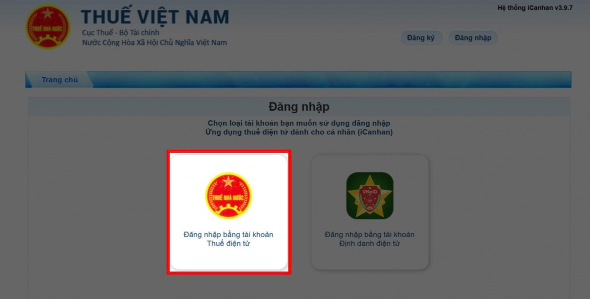 Đăng nhập bằng tài khoản Thuế điện tử