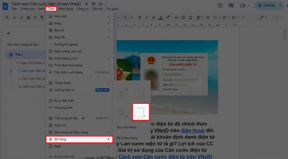 Chọn mục Số trang