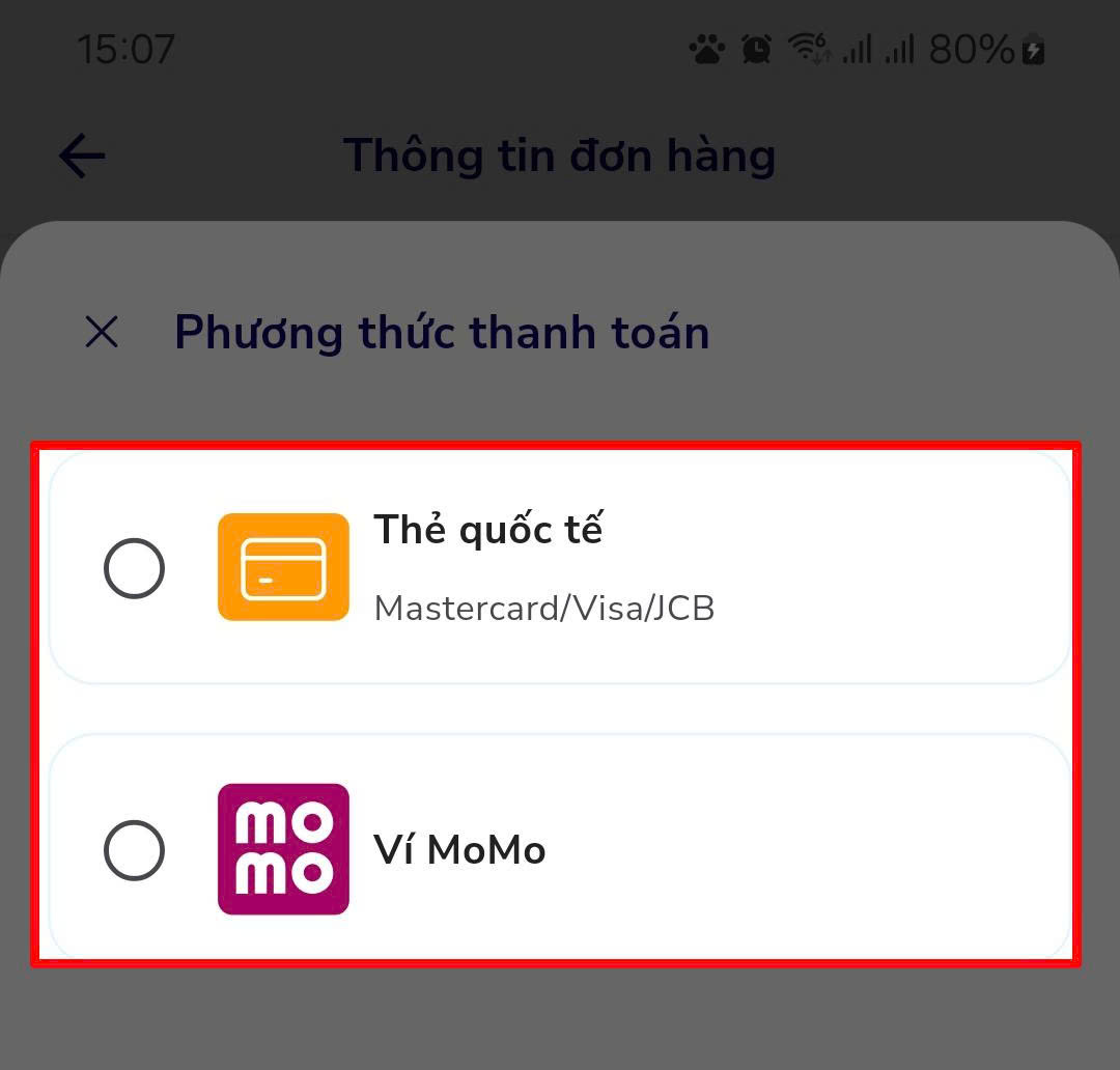 Thanh toán bằng MoMo hoặc thêm thẻ Visa