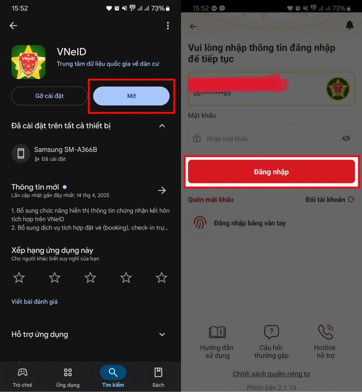 Mở ứng dụng VNeID