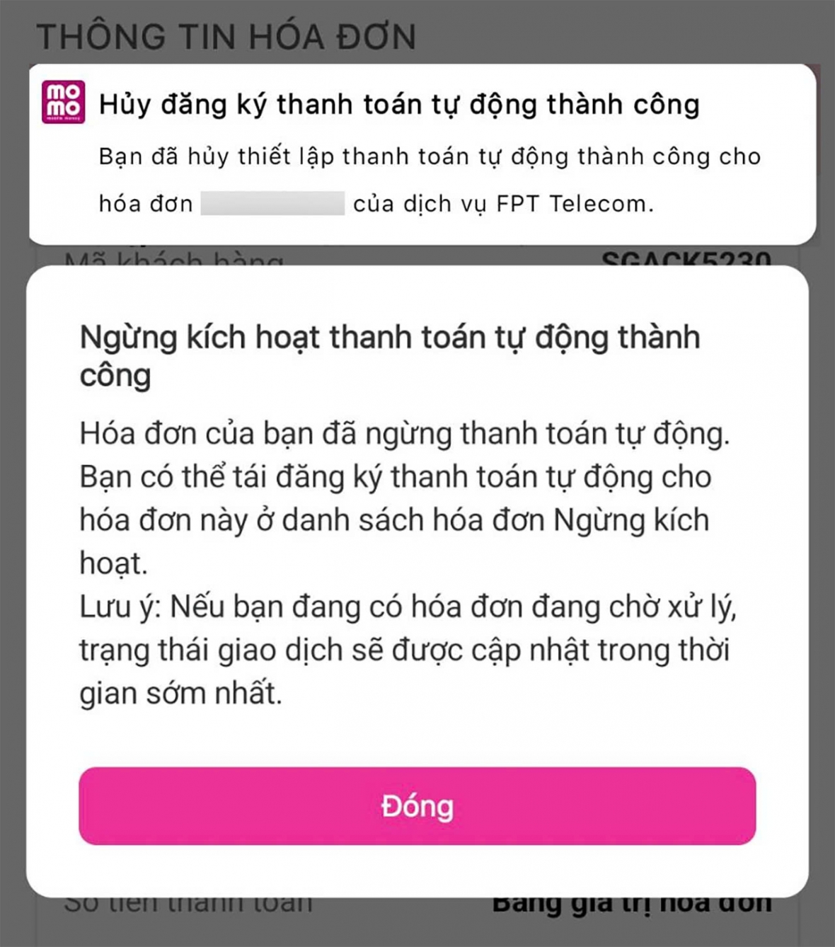 Hủy liên kết thành công và ngừng thanh toán tự động