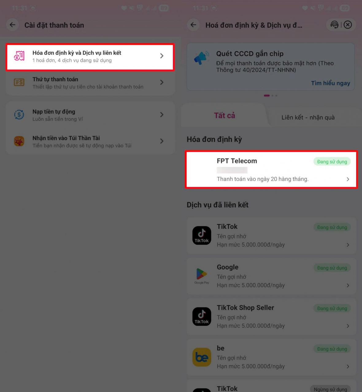 Hóa đơn định kỳ và dịch vụ liên kết