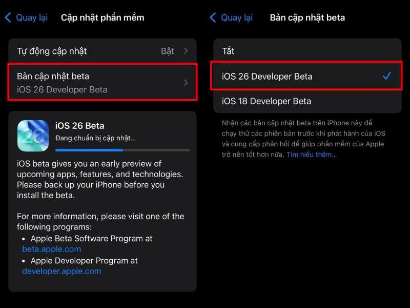 Chọn iOS 26 Developer Beta
