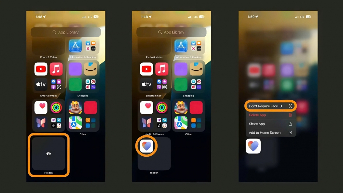 Nhấn và giữ ứng dụng trong thư mục Ẩn và chọn Không yêu cầu Face ID nếu bạn muốn di chuyển ứng dụng đó trở lại Màn hình chính và mở khóa