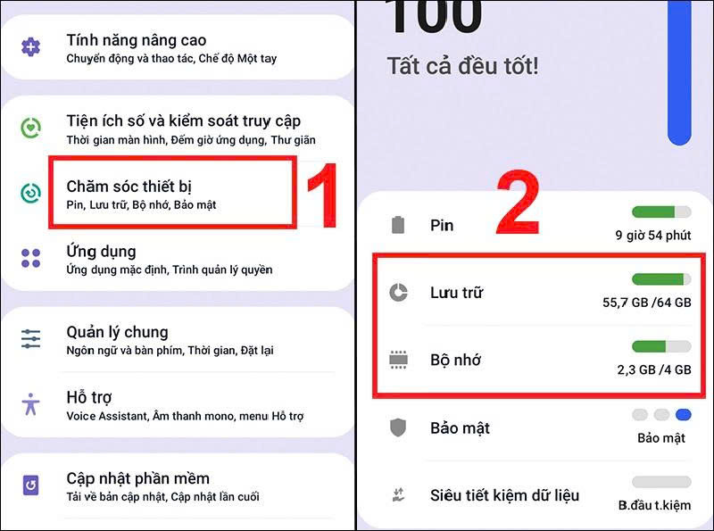 Chăm sóc thiết bị hoặc Thông tin điện thoại