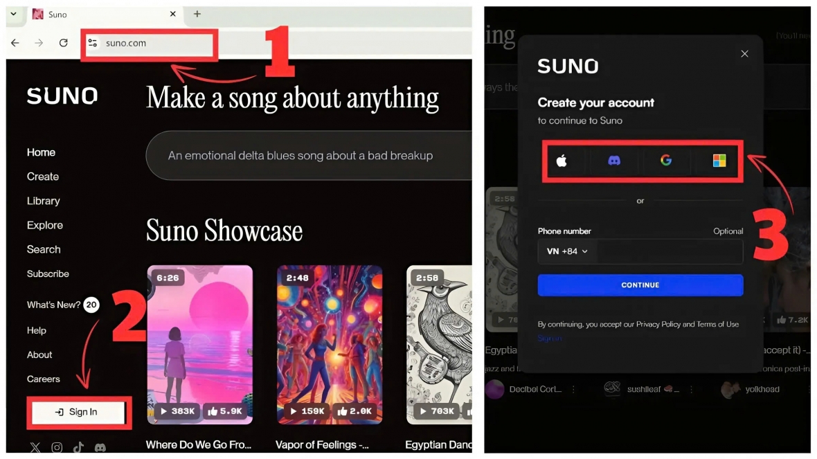 Đăng ký tài khoản Suno AI để sử dụng