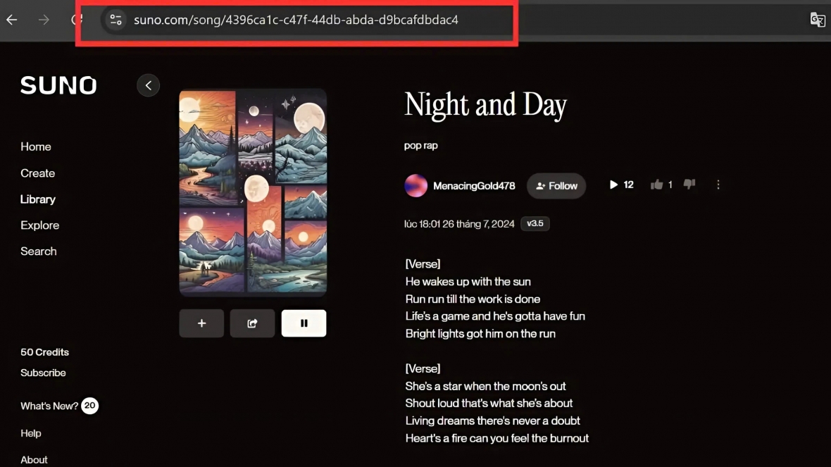 Copy URL của bài hát trên thanh địa chỉ trình duyệt