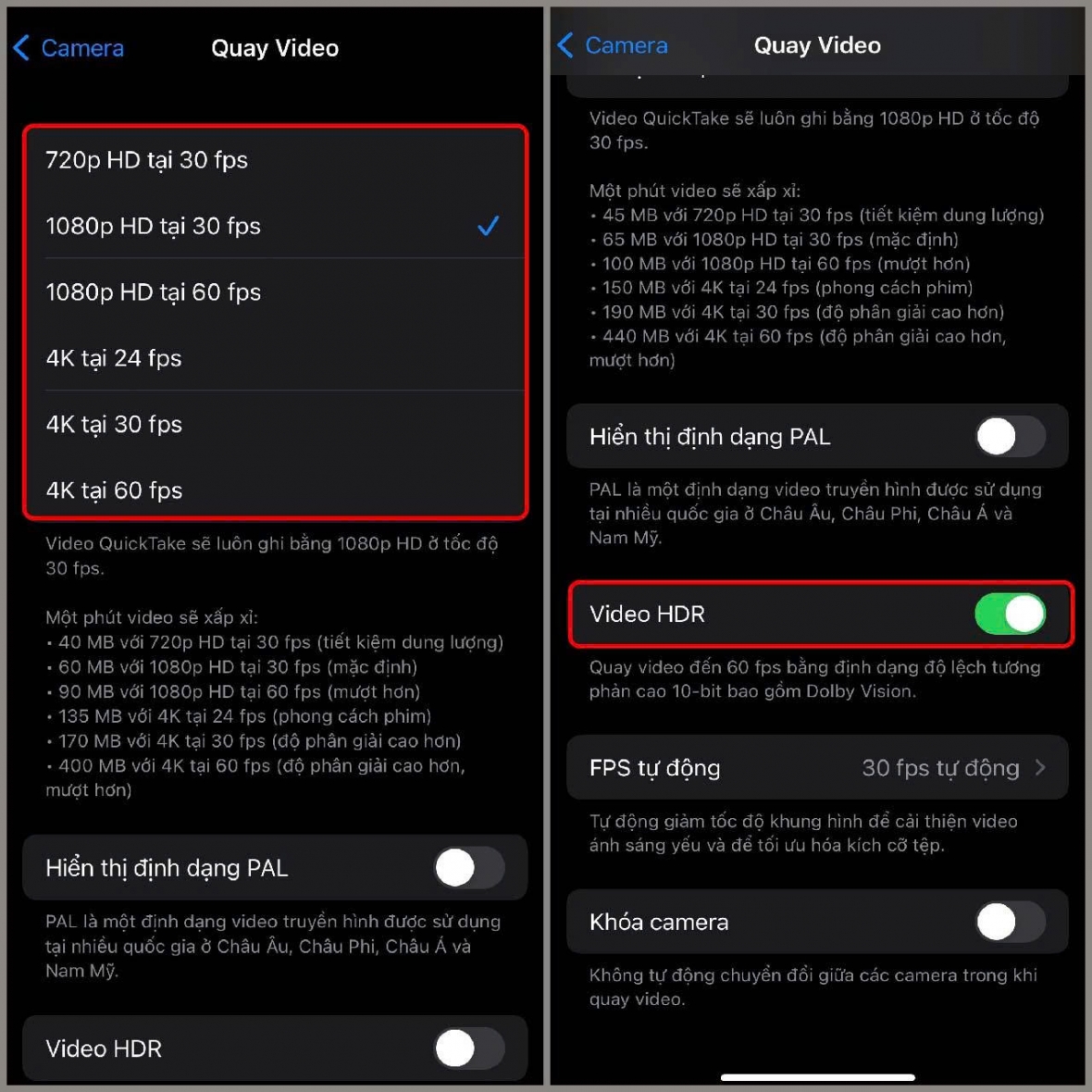 Cài đặt chuẩn quay video