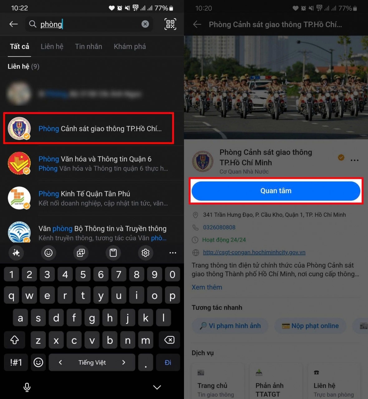 Zalo Official Account Phòng CSGT TP. HCM và nhấn Quan tâm