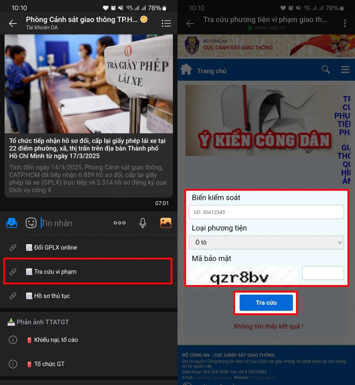 Nhập biển số xe cùng mã xác nhận theo hướng dẫn rồi nhấn Tìm kiếm