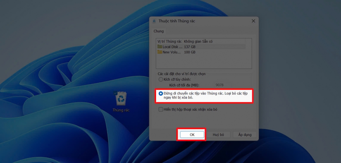 Remove files immediately when deleted (Không chuyển các tệp vào thùng rác)