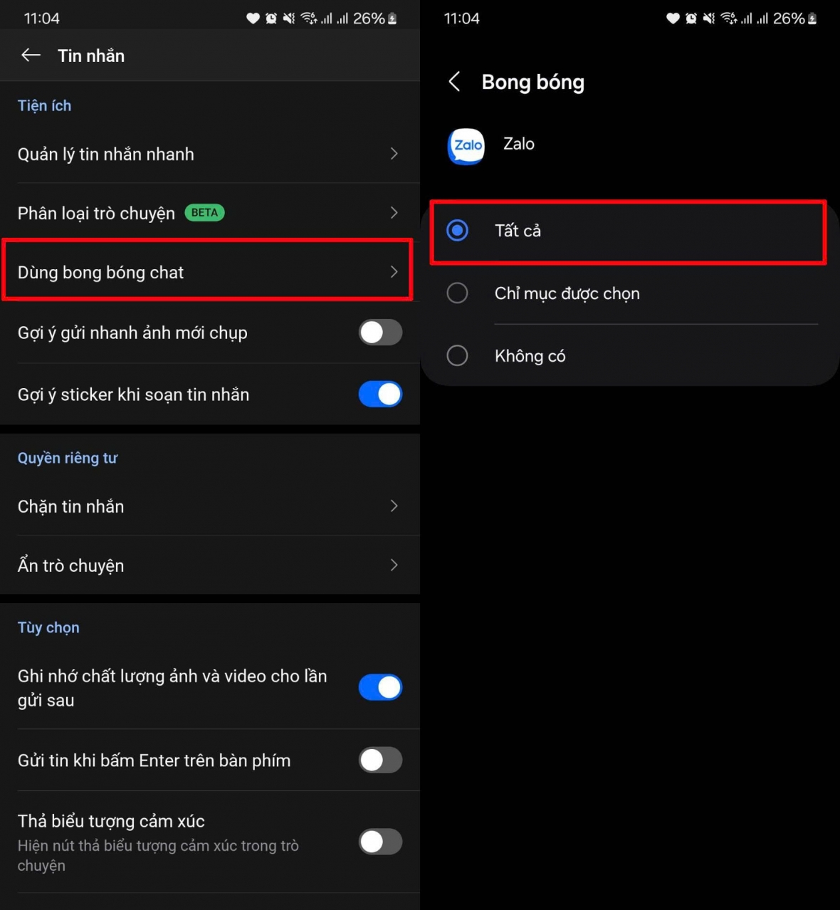 Nhấn vào mục dùng bong bóng chat