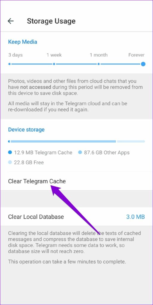 Xoá bộ nhớ cache của ứng dụng Telegram 