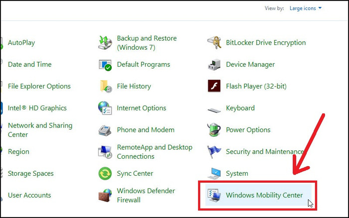 Nhấn vào biểu tượng Windows Mobility Center