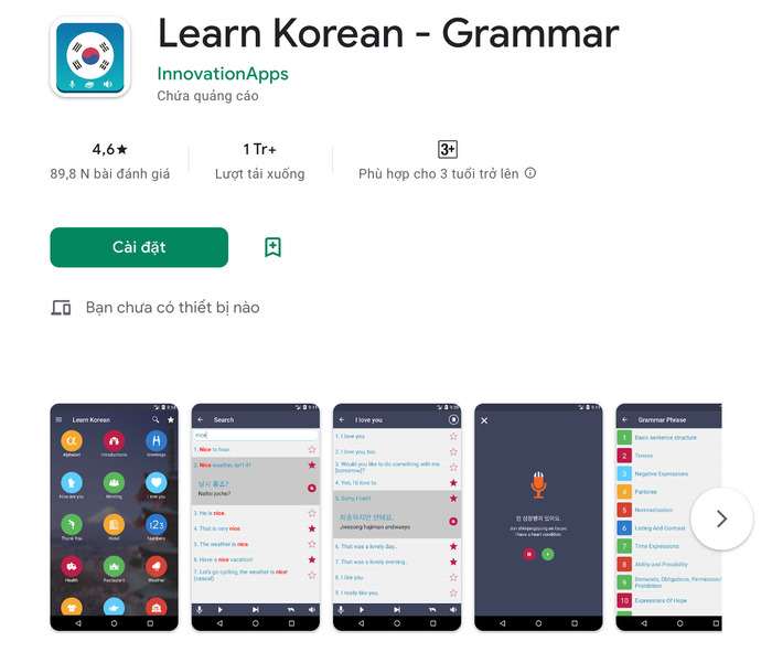 App từ điển tiếng Hàn Learn Korean - Grammar