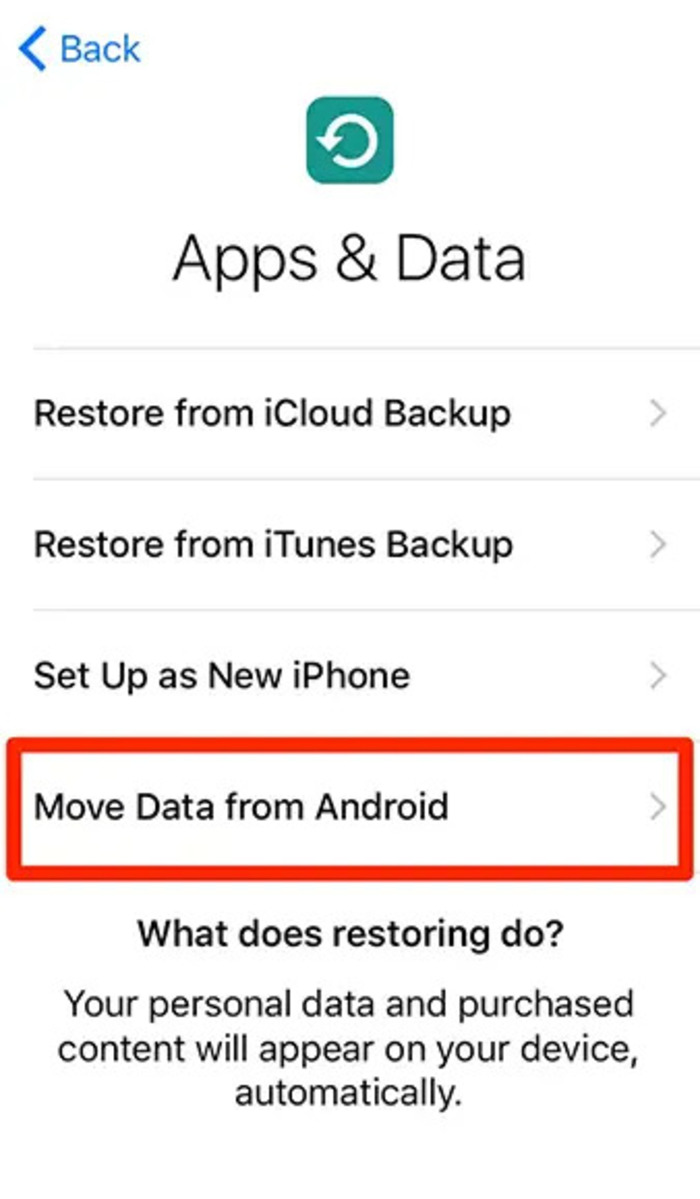 Chọn “Di chuyển dữ liệu từ Android” trong mục “Ứng dụng và dữ liệu”