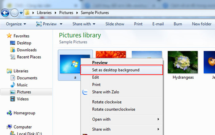 Click chuột phải vào tệp, sau đó chọn Set as Desktop Background