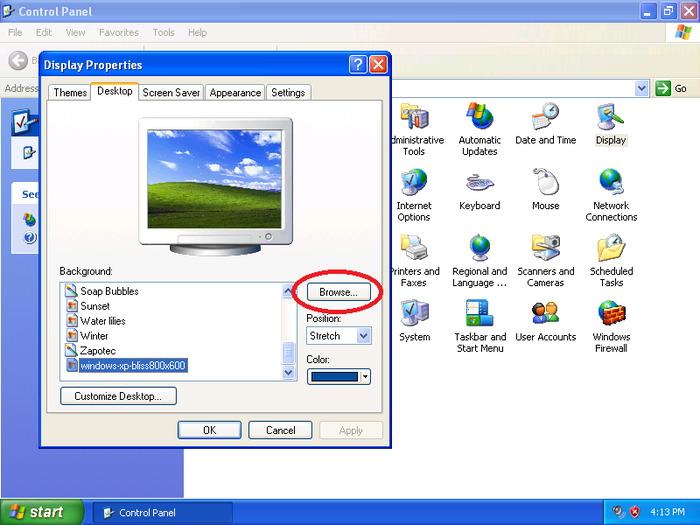 Giao diện đổi ảnh nền Desktop Win XP