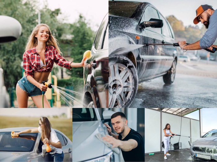 Tạo dáng tự nhiên khi đang rửa xe ô tô
