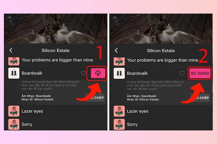 Chọn bài hát cần ghép, bấm biểu tượng tải xuống và chọn Sử dụng