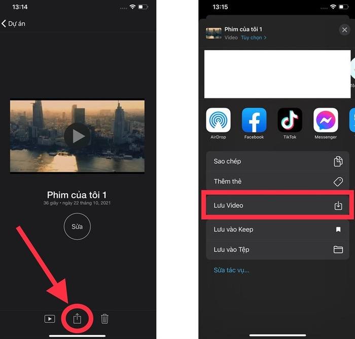 Sau khi hoàn tất các công đoạn chỉnh sửa, hãy nhấn biểu tượng chia sẻ để lưu video