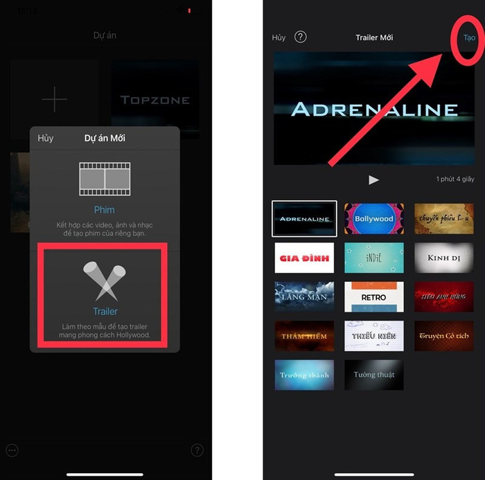 Chế độ Trailer trong ứng dụng iMovie cung cấp các đoạn phim mẫu cho người dùng tùy chọn linh hoạt