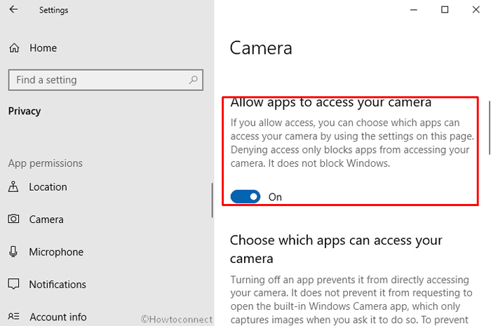 Tìm phần Allow apps to access your camera